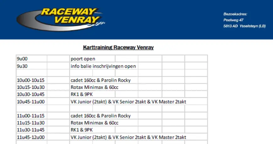 Tijdschema karttraining vrijdag 25 maart